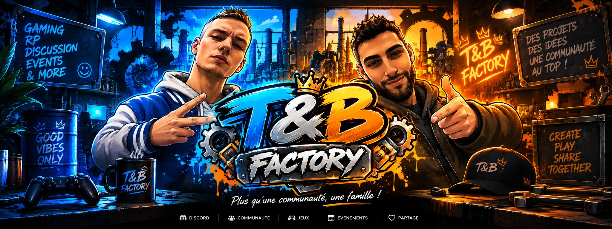 Bannière T&B Factory : les deux fondateurs autour du logo, côté bleu et côté orange
